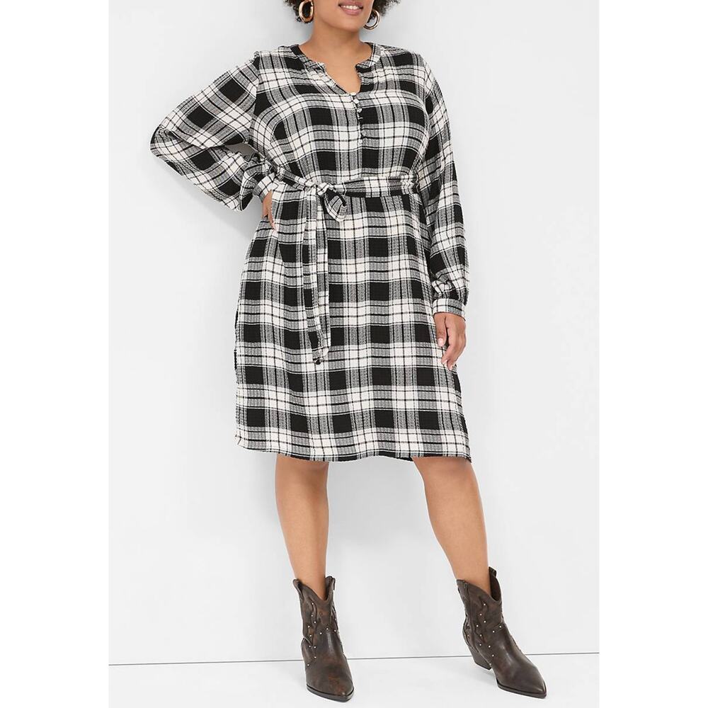 Lane Bryant Crinkle Popover Short Dress Black White Plaid Plus Size 18